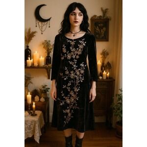 Whimsigoth S Black Velvet Embroidered Midi Dress Y2K Dark Fairycore Witchy Emo